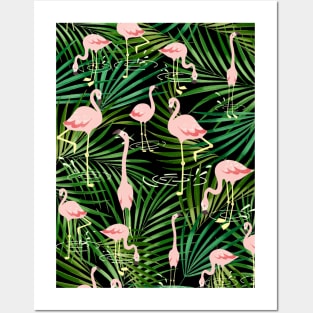 Flamingos tropical leaves pattern Posters and Art